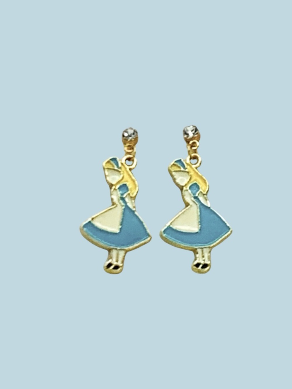 Alice In Wonderland Enamel, Golden & Crystal Stud Stud Dangle Earrings Handmade